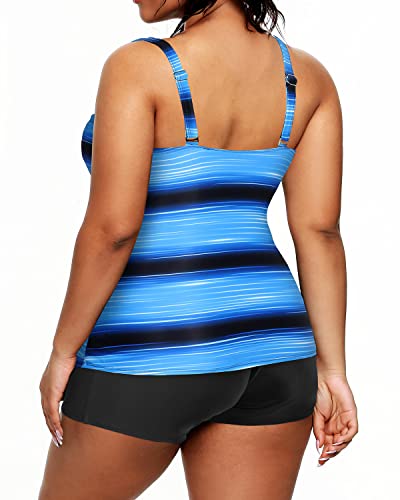 High Waisted Plus Size Tankini Shorts Bathing Suits-Blue And Black Stripe