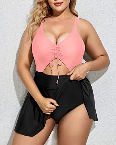 Plus Size One Piece Swimsuits Skirt V Neck Swimdress Cutout Bathing Suits-Pink And Black