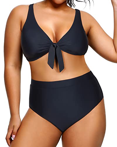 V Neck Plus Size Bikini 2 Piece High Waisted Swimsuits Set-Black