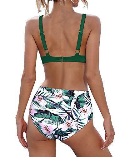 V Neck High Waisted Two Piece Swimsuit Tummy Control Bathing Suit-Green Tropical Floral