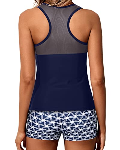 Athletic Racerback Tankini Swimsuit Boy Shorts For Women-Navy Blue Tribal