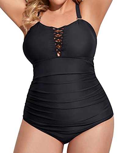 Vintage Plus Size Deep V Neck One Piece Swimsuit Lace Up Swimwear-Black