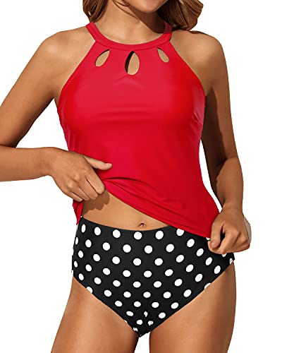 Halter High Neck Tankini High Waisted Swim Shorts-Red Dot