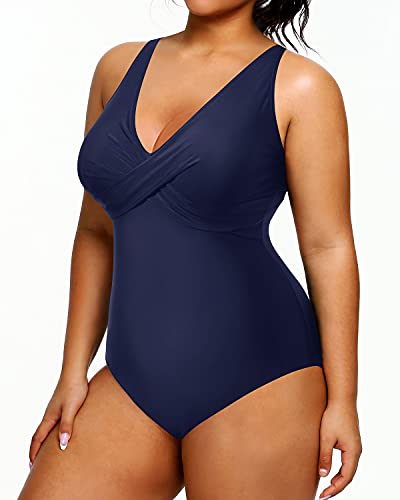 Deep V-Neck Tummy Control Plus Size Swimsuit For Women-Navy Blue