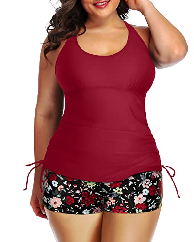 Flattering Tankini Set High Waisted Boyleg Shorts-Red Floral