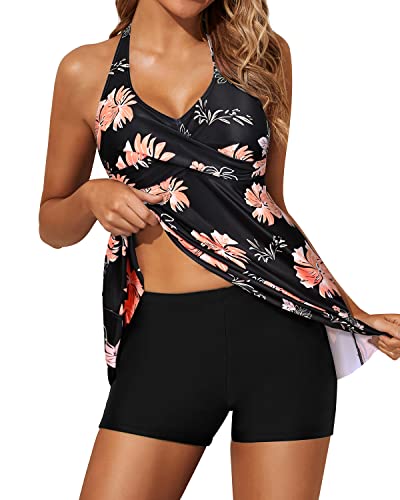 Adjustable Self-Tie Tankini Swimsuits For Women Shorts-Black Orange Floral