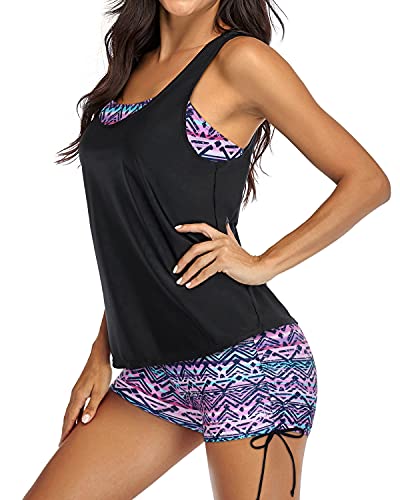 Women's Slimming Tankini Boyshorts And D-Ring Strappy Tankini-Black And Tribal Purple