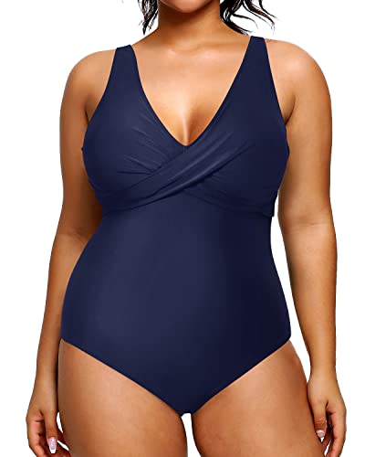 Deep V-Neck Tummy Control Plus Size Swimsuit For Women-Navy Blue