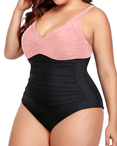 Plus Size One Piece Swimsuits Tummy Control Twist Front Ruched Swimwear-Pink And Black