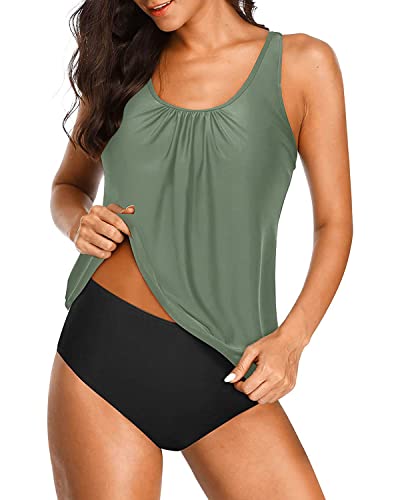 Blouson Tankini Swimsuits Removable Wireless Bra For Women-Olive Green