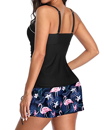 Push Up Tankini Swimsuit Skirt 2 Piece Tankini Set-Black Flamingo