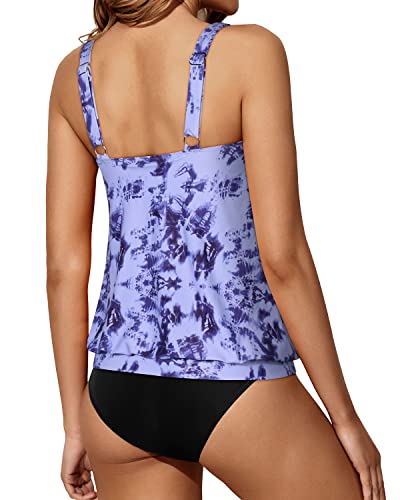 Two Piece Loose Fit Modest Tankini Bathing Suits For Women-Blue Tie Dye