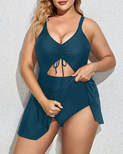 Built-In Bottom V Neck Swimdress For Women-Teal