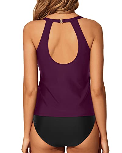 Laides High Waisted Swimsuit 2 Piece High Neck Bathing Suit-Maroon