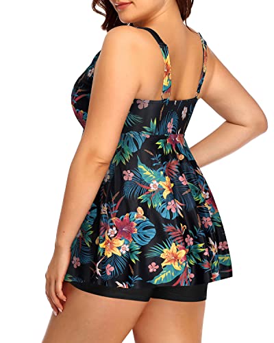 Two Piece V Neckline Modest Coverage Slimming Flare Silhouette Swimsuit-Black Flowers