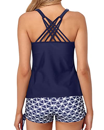 Scoop Neck High Waisted Boy Shorts Tankini Swimsuits For Women-Navy Blue Tribal