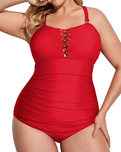 Lace Up Adjustable Shoulder Straps Plus Size One Piece Swimsuits-Red