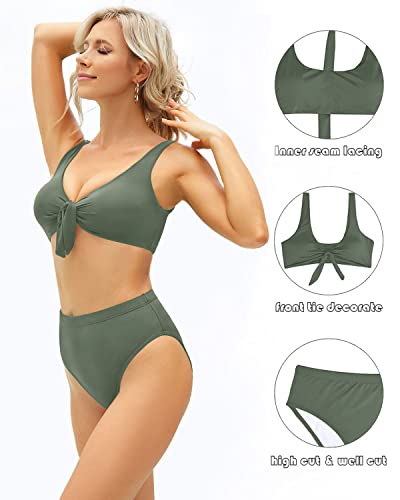 Cheeky Bikini Set Knot Front And High Waisted Bottom For Teens-Olive Green
