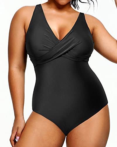 Plus Size Swimsuit One Piece Bathing Suits For Women Tummy Control Slimming Swimwear-Black