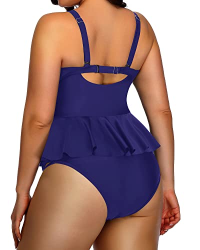 Plus Size Swimsuits Tummy Control Two Piece Bathing Suits For Women-Navy Blue