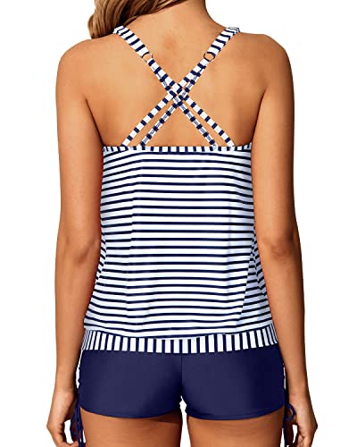 Athletic Strappy Criss Cross Back Swimsuits Full Coverage Boy Shorts-Blue White Stripe