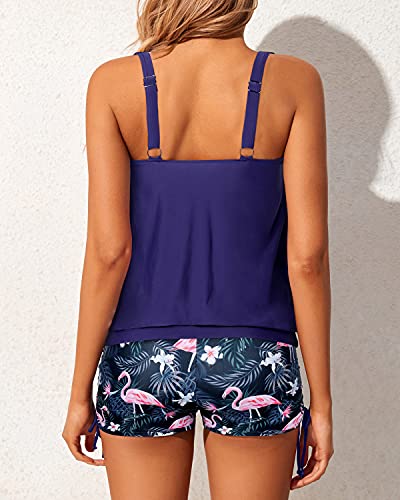 Adjustable Shoulder Strap Blouson Tankini Swimsuits For Women-Blue Flamingo