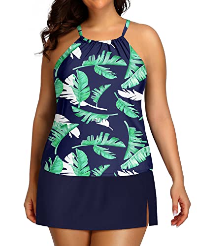 Women's Plus Size Swimsuits Tummy Control High Neck Tankini Set-Blue Leaf