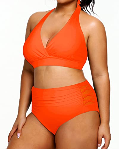 Women's Sexy Two Piece Plus Size Halter Bikini Swimsuit-Neon Orange