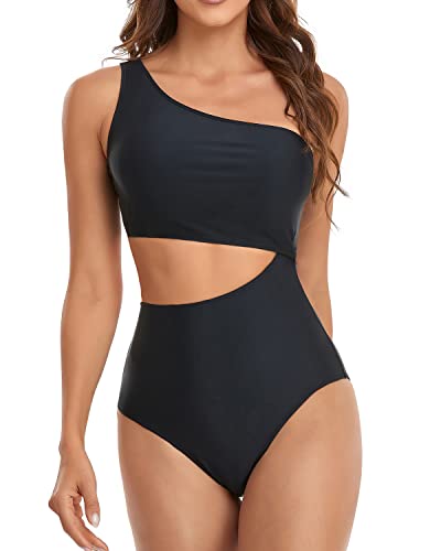 Sexy One Shoulder One Piece Cutout Swimsuit Monokini For Women-Black