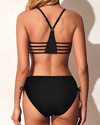 Strappy Women's Two Piece Bikini Set Side Tie Bathing Suits Racerback Swimwear-Black
