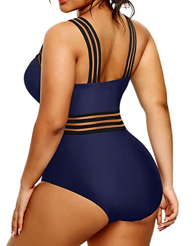 Women's Plus Size Tummy Control One Piece Swimsuit-Navy Blue