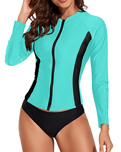 Uv Block Swimwear Set For Women Rashguard Long Sleeve-Aqua
