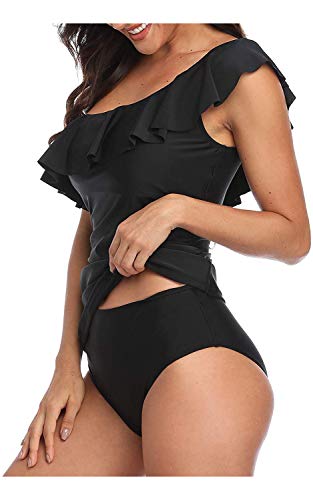 Tummy Control Bathing Suits One Shoulder Tankini-Black