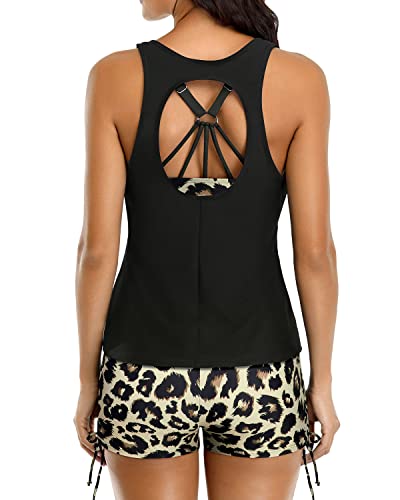 Women's Slimming Swimsuit Bra & Mid Waist Boyleg Bottoms-Black And Leopard