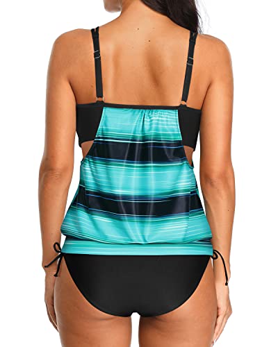 Athletic Two Piece Bathing Suits Blouson Tankini Swimsuits For Women-Green Stripe