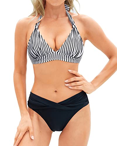 Push Up Bikini Top Halter Swimsuit Two Piece Bathing Suits For Women-Black And White Stripe