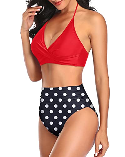 Two Piece Swimsuit Adjustable Self-Tie Straps Halter Top Bikini Sets-Red Dot