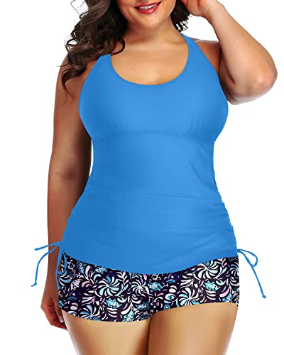 Plus Size Strappy Tankini Top Boyleg Shorts Two Piece Ruched Swimsuit-Light Blue