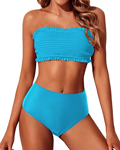 High Cut Women's Bandeau Bikini Set Off Shoulder Smocked Swimsuit-Blue