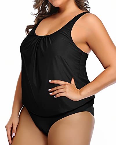 Plus Size Blouson Tankini Set Swimsuit For Women Tummy Control Bathing Suit-Black