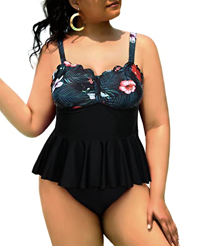 Tummy Control Bathing Suits Scalloped Design Plus Size Tankini Swimsuits-Black Floral