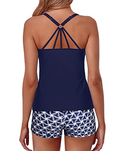 Modest Tankini Top Boy Short 2 Piece Bathing Suits For Women-Navy Blue Tribal