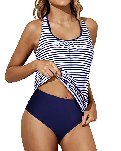 Women's Two Piece Swimsuit Tummy Control Tankini Bathing Suits Blouson Swimwear-Blue White Stripe