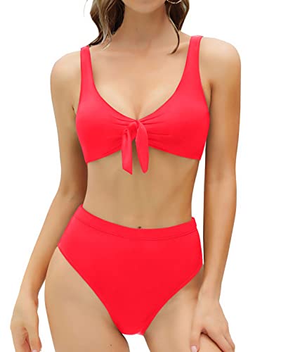 Women's Two Piece High Waisted Bikini Set Knot Front For Teens-Neon Red