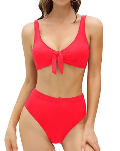 Women's Two Piece High Waisted Bikini Set Knot Front For Teens-Neon Red