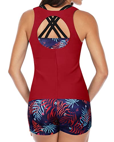 Fashionable Athletic Tankini Bathing Suits Boy Shorts For Women-Red And Leaf