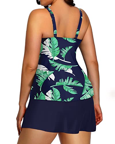 Women's Plus Size Swimsuits Tummy Control High Neck Tankini Set-Blue Leaf