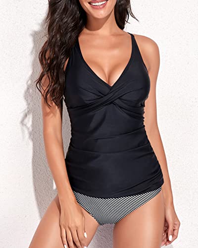 V-Neck Tankini Swimsuits Twist Front For Women-Black Stripe