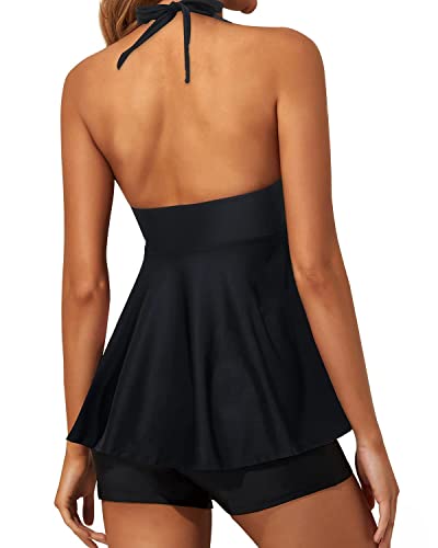 Sexy Twist Front Tankini Swimsuits For Women Boy Shorts-Black