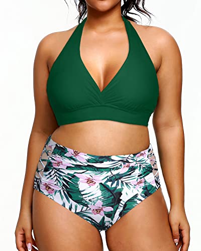 Plus Size Two Piece Bikini Removable Push Up Padded Bra For Women-Green Tropical Floral